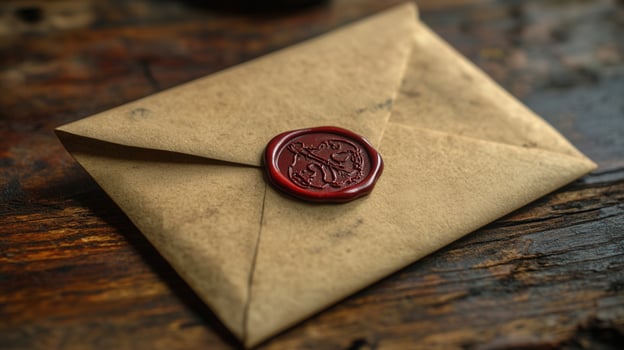 A vintage letter sealed with red wax, resting on a rustic wooden surface, waiting to be read. photo