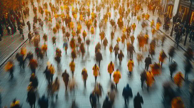 Overhead shot of a busy city street filled with a blurred crowd of walking people. photo