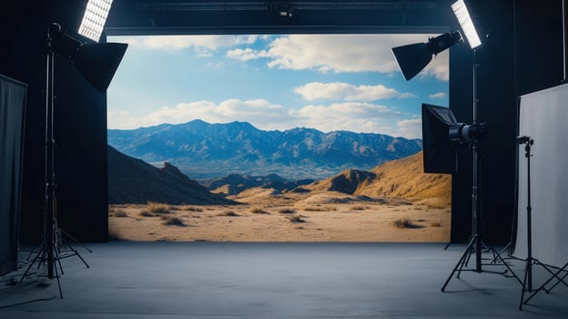 A professional photography studio setup featuring a beautiful desert landscape backdrop with lighting. photo