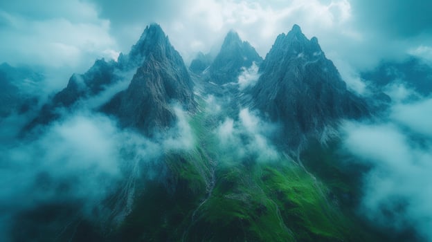 The towering mountain peaks rise from the mist, offering a stunning natural vista. photo