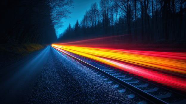 Vivid streaks of light from a speeding train are captured at night on railroad tracks. photo