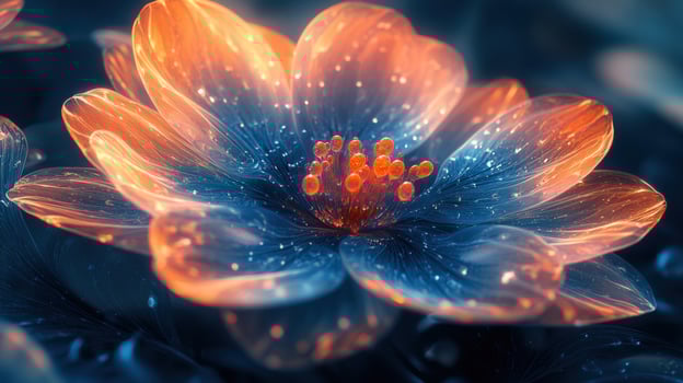 Captivating macro image of a glowing flower with stunning, contrasting blue and orange hues. photo