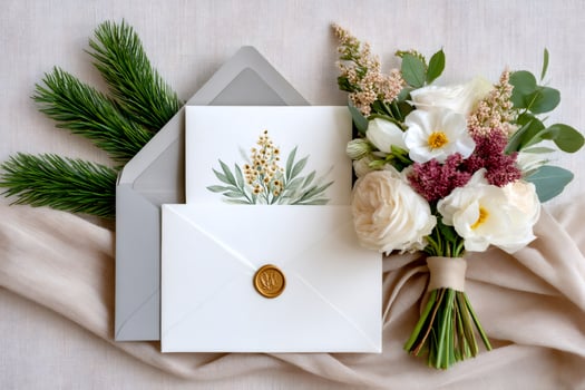 Wedding invitation with wax seal, bouquet and fir branches lying on beige fabric photo