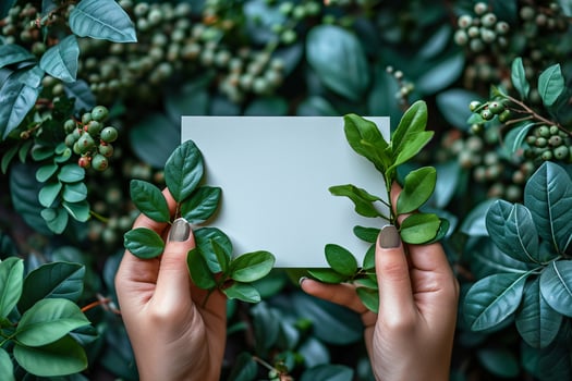 Woman hands holding blank paper with green leaves on background photo