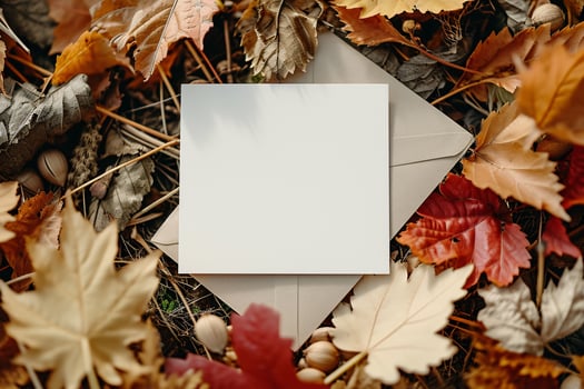 Autumn leaves and blank card on the ground photo