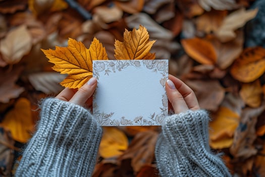 Autumn leaves and woman's hands holding blank card photo