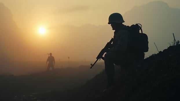 Silhouetted Soldier with Rifle, Hillside, Sunset photo