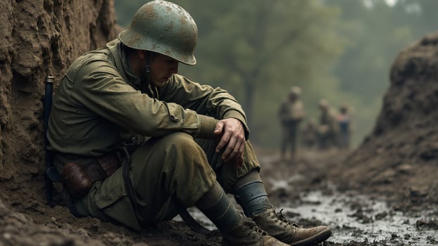 Soldier Sitting in Mud Near Trenches photo