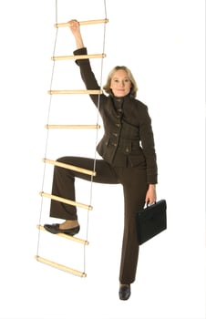 Career ladder, businesswoman over white photo