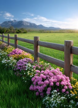 Breathtaking mountain view with rustic fence and colorful flowers nature landscape daylight serenity photo