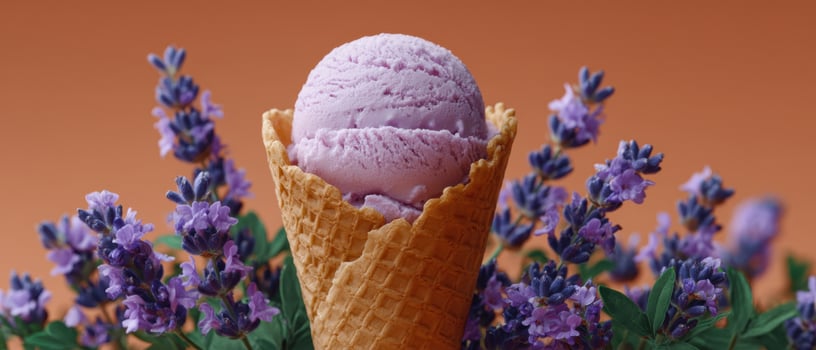 Lavender ice cream cone surrounded by flowers outdoor food photography artistic perspective photo