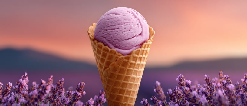 Lavender ice cream cone at sunset artistic food photography nature's beauty photo