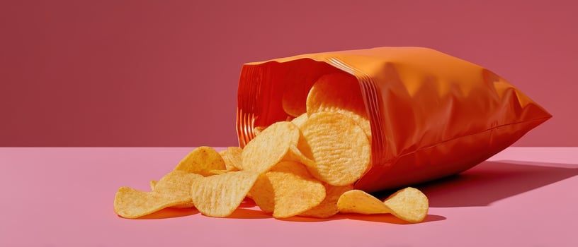 Casual snack scene potato chips on pink background food photography clean aesthetic photo