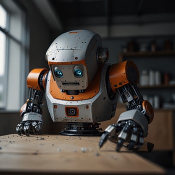 A robot sitting on a table with a piece of wood photo