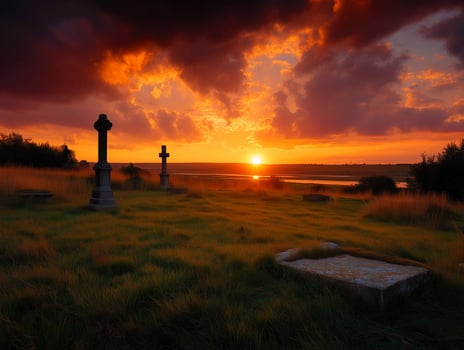Serene graveyard at sunset with vibrant sky and distant horizon. photo