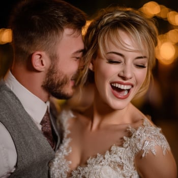 Couple celebrates joyfully at outdoor wedding reception photo
