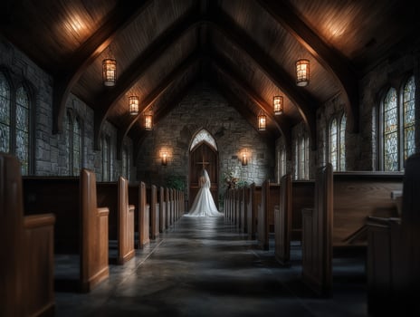 Elegant bride in serene church setting before the ceremony photo