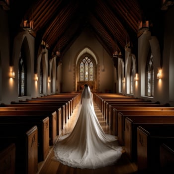 A bride walking down the aisle in a church photo