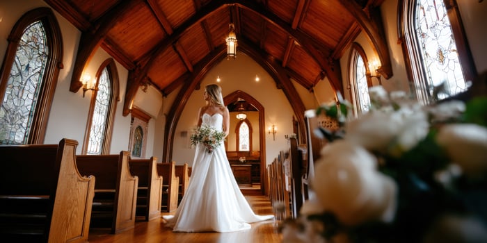 Stunning bride in elegant chapel before the wedding ceremony photo