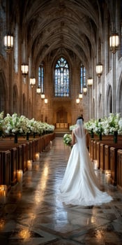 Elegant bride walking down a candlelit wedding aisle photo