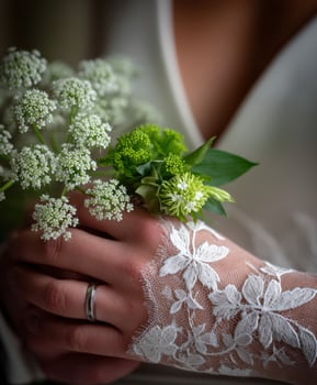 Elegant bridal bouquet with lace and flowers in bright light photo