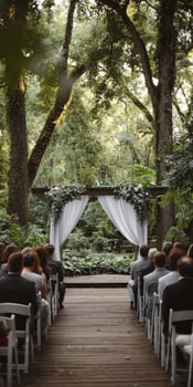 Wedding ceremony setup in a lush outdoor forest venue photo