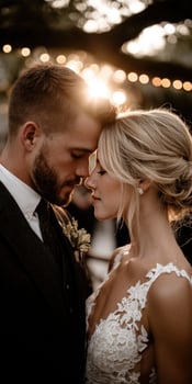 Couple in a romantic moment at an outdoor wedding photo