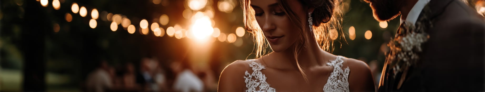 Couple shares a romantic moment during outdoor wedding sunset photo