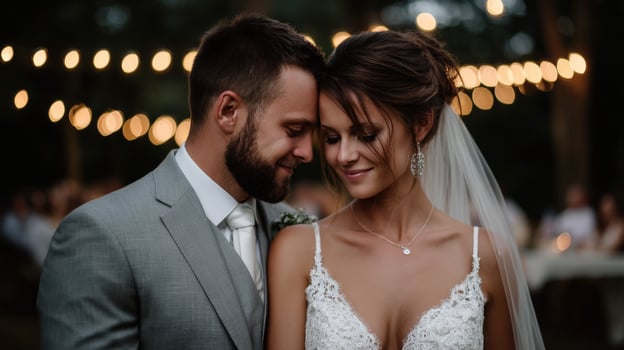 Couple shares a tender moment during outdoor wedding celebration photo
