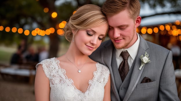 Couple shares a quiet moment at outdoor wedding celebration photo