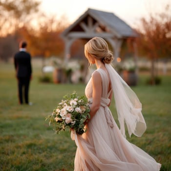 Couple embraces romance during sunset wedding ceremony photo