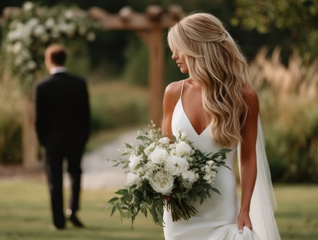 Elegant bride approaches groom with bouquet outdoors photo