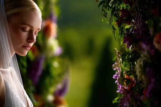 Bridal portrait captured in a floral setting at sunset photo
