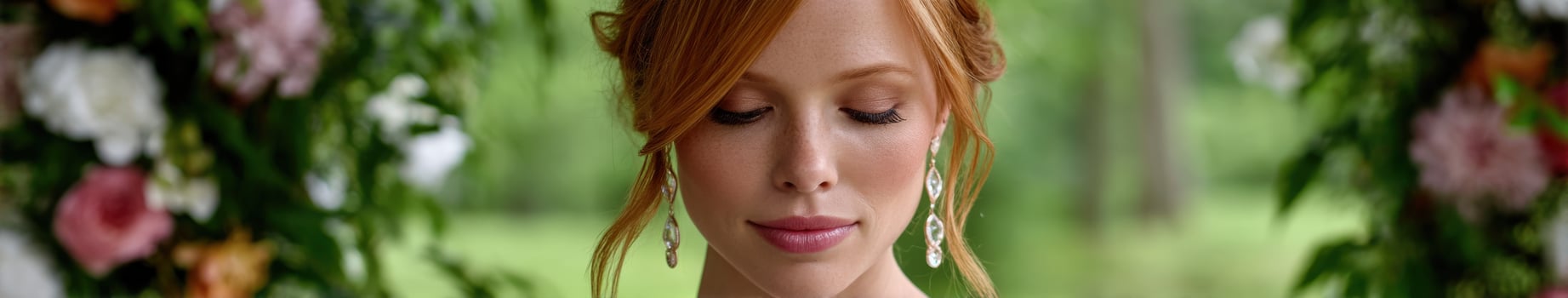 Elegant bride smiling softly during the wedding ceremony photo