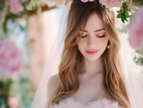 Bride under floral arch at outdoor wedding ceremony photo