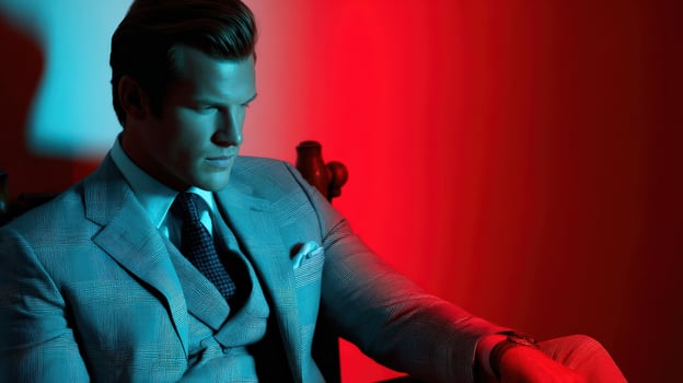Man in tailored suit seated in stylish red-blue lighting photo