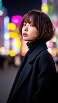 A woman in a black coat standing in front of a city street at night photo
