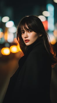 Beautiful woman in black coat standing in the middle of the street at night photo