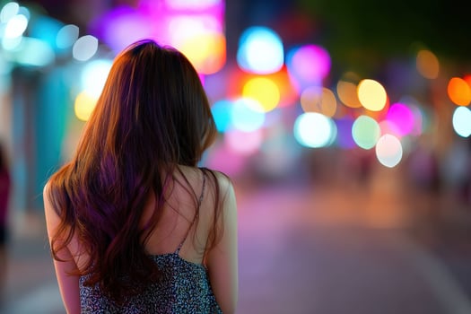 A woman standing in the middle of a city street at night photo