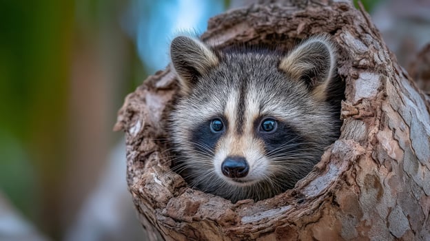 Playful Raccoon Peeking Out from a Tree Hollow in a Natural Habitat with Lush Green Background and Bright eyes photo