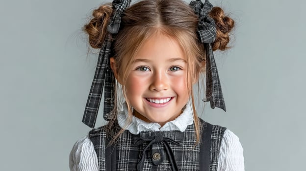 Happy girl in school uniform and bows on her hair stands on light background and smiles photo