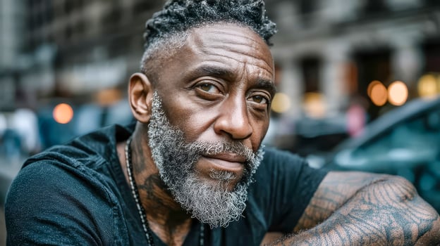 Confident 50 year old black man in tight black t-shirt standing with arms crossed against modern cityscape photo