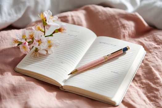 Peaceful morning with a gratitude journal and fresh flowers photo