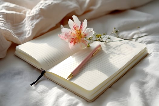 Gratitude journal with soft morning light and a delicate flower sprig photo