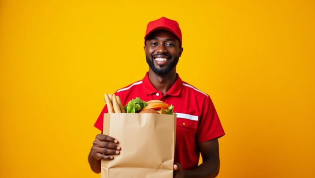 A smiling black man holding a paper bag with food photo