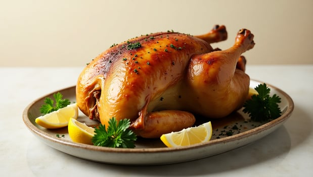 A roasted chicken on a plate with lemon slices photo