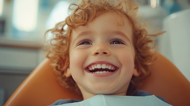 A young boy smiles while sitting in a dental chair photo