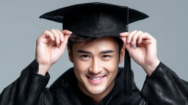 A man in a graduation cap and gown is smiling photo