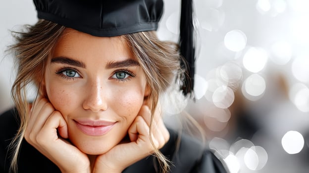 A young woman in a graduation cap and gown photo