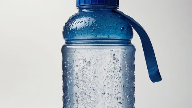 A blue plastic water bottle with a blue handle photo